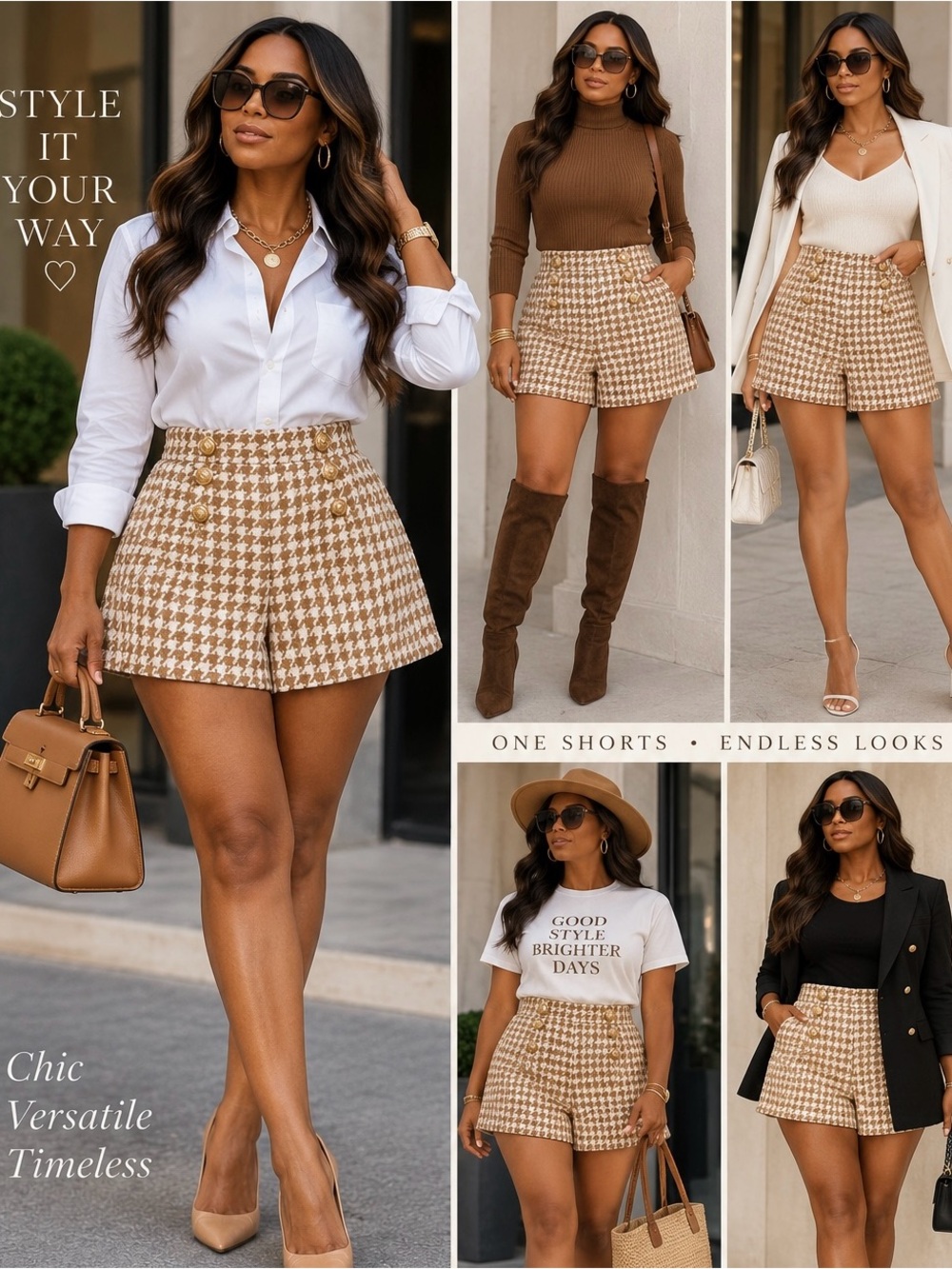 Zara Houndstooth High-Waist Shorts — Tan & White